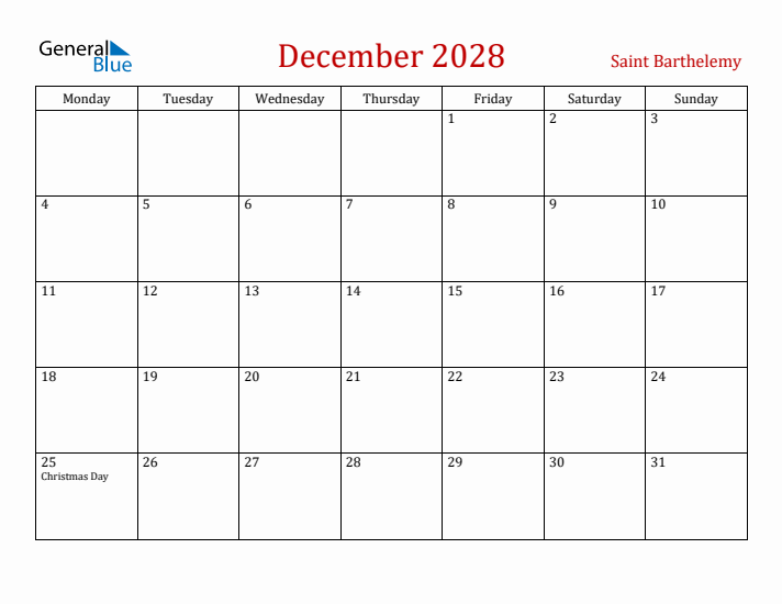 Saint Barthelemy December 2028 Calendar - Monday Start