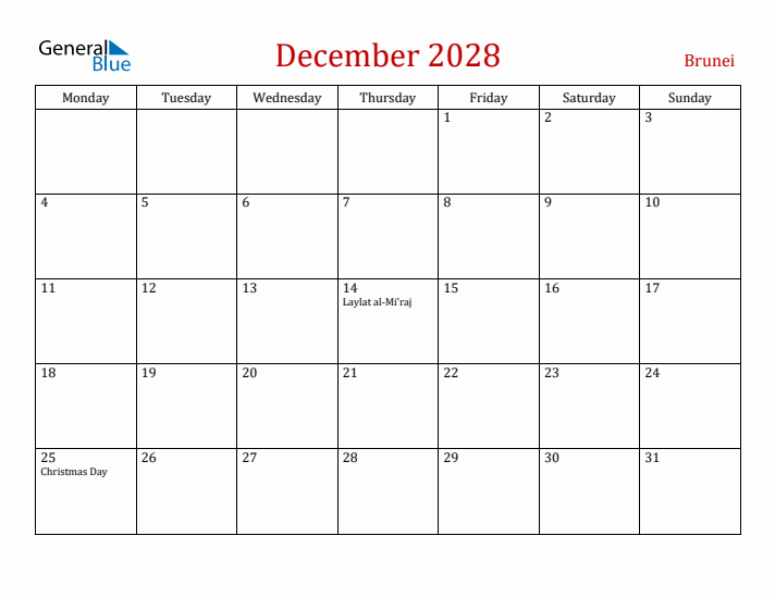 Brunei December 2028 Calendar - Monday Start