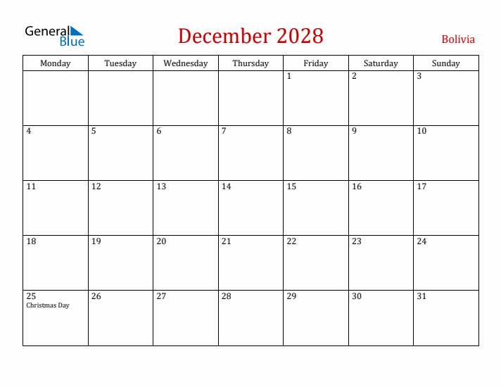 Bolivia December 2028 Calendar - Monday Start