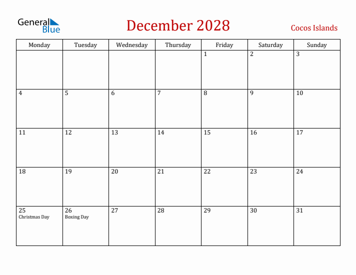 Cocos Islands December 2028 Calendar - Monday Start