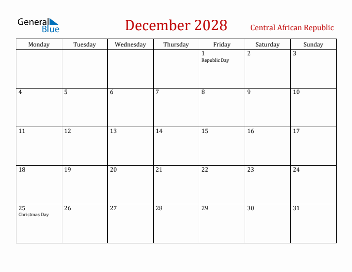 Central African Republic December 2028 Calendar - Monday Start
