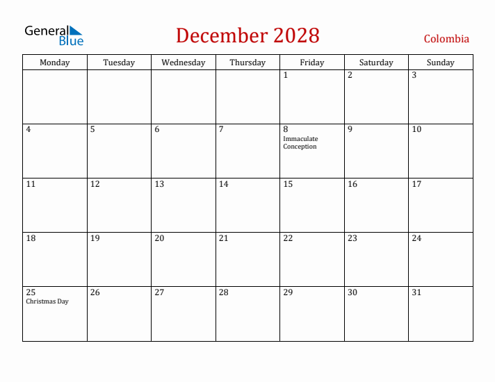 Colombia December 2028 Calendar - Monday Start
