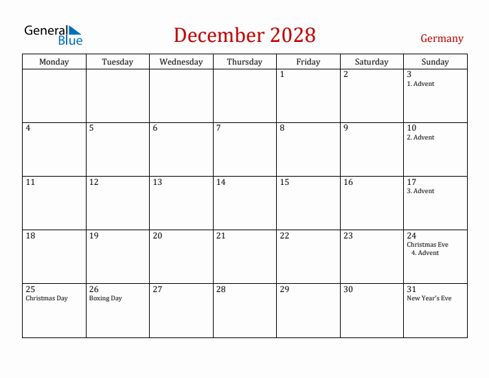 Germany December 2028 Calendar - Monday Start