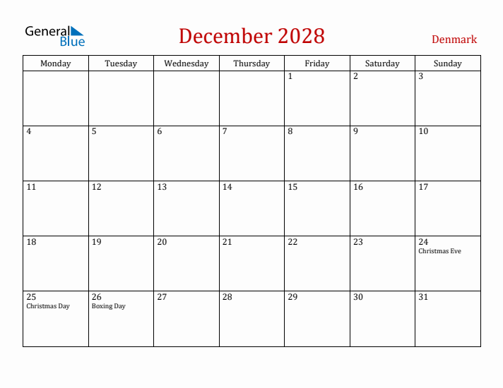 Denmark December 2028 Calendar - Monday Start