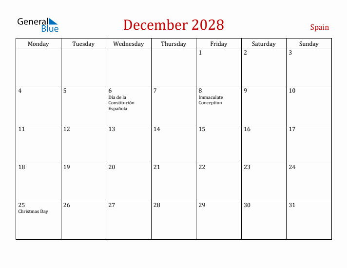 Spain December 2028 Calendar - Monday Start