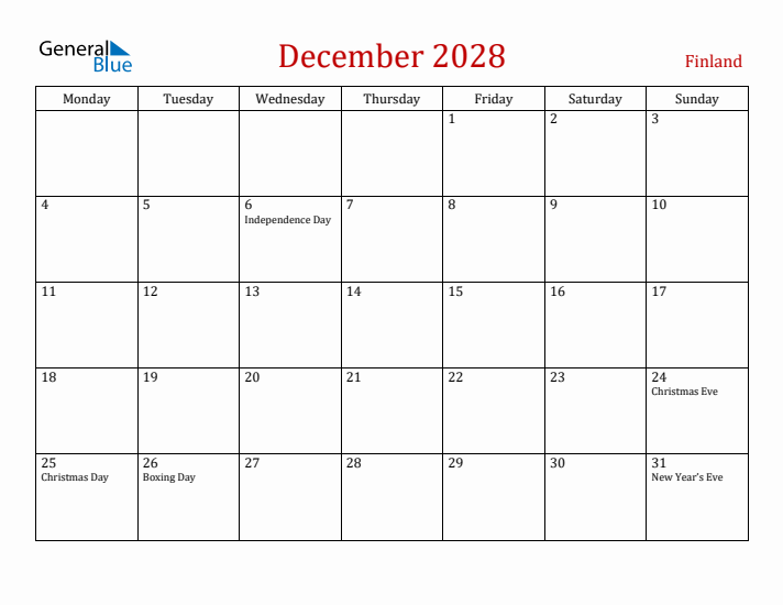 Finland December 2028 Calendar - Monday Start