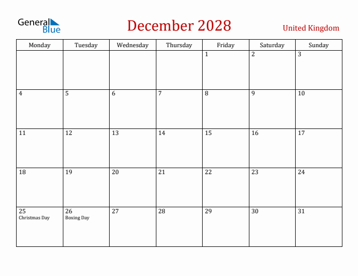 United Kingdom December 2028 Calendar - Monday Start
