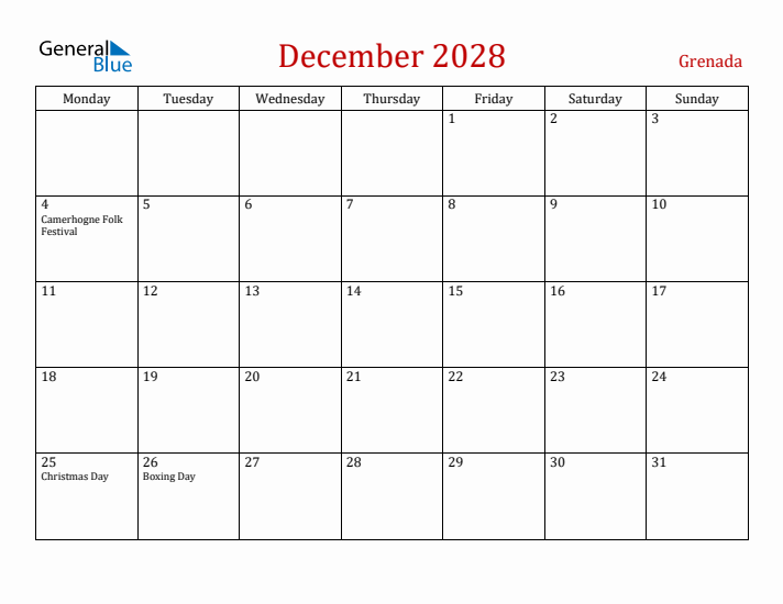 Grenada December 2028 Calendar - Monday Start