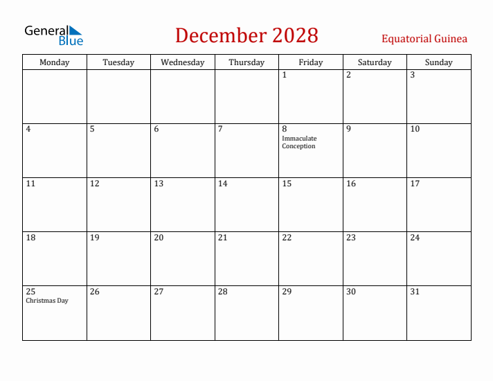 Equatorial Guinea December 2028 Calendar - Monday Start