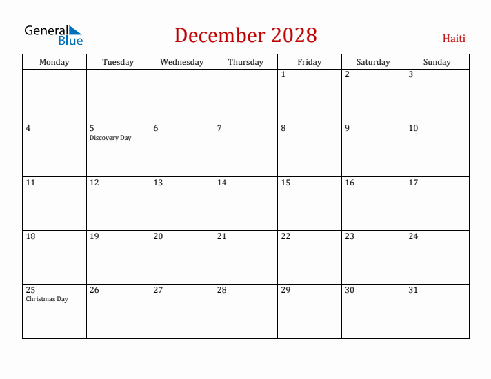 Haiti December 2028 Calendar - Monday Start