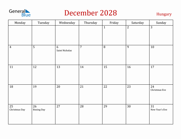 Hungary December 2028 Calendar - Monday Start