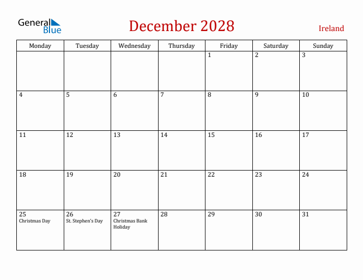 Ireland December 2028 Calendar - Monday Start