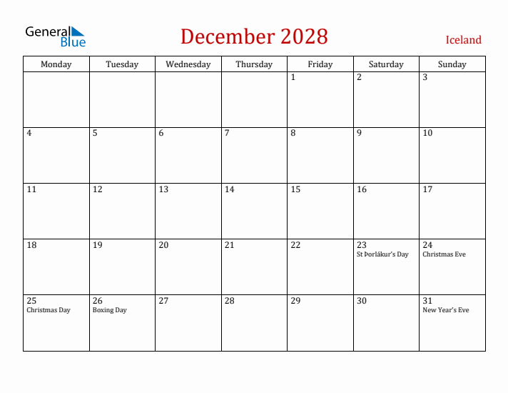 Iceland December 2028 Calendar - Monday Start