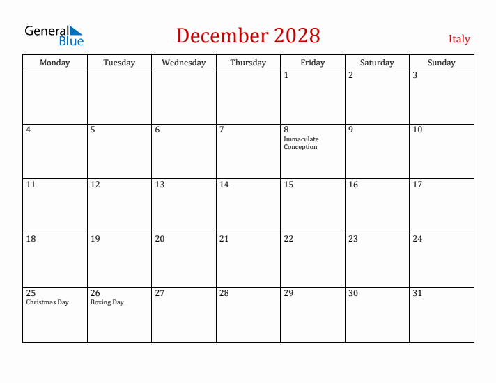 Italy December 2028 Calendar - Monday Start