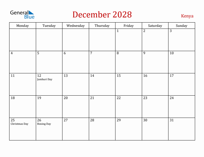 Kenya December 2028 Calendar - Monday Start