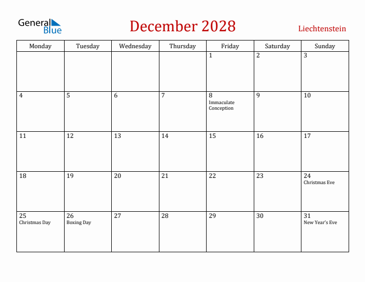 Liechtenstein December 2028 Calendar - Monday Start
