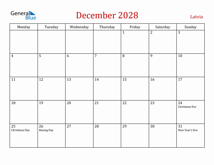 Latvia December 2028 Calendar - Monday Start