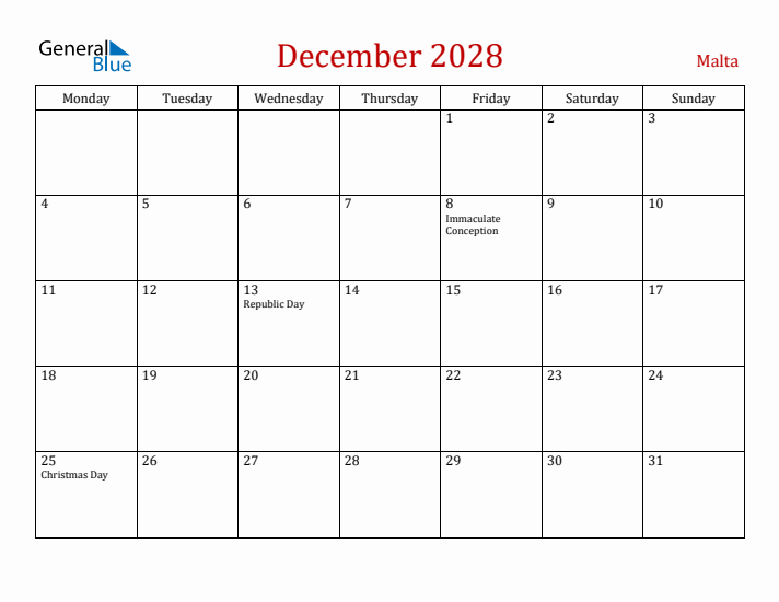 Malta December 2028 Calendar - Monday Start