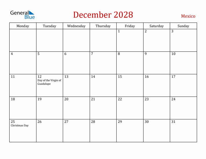 Mexico December 2028 Calendar - Monday Start