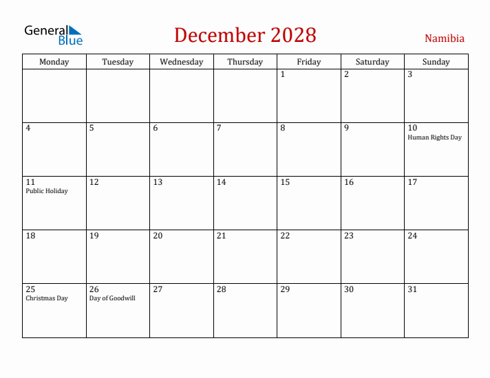 Namibia December 2028 Calendar - Monday Start