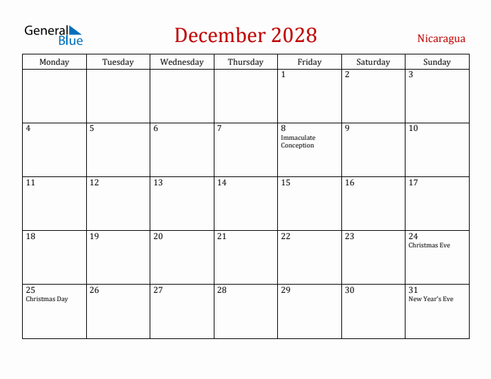Nicaragua December 2028 Calendar - Monday Start