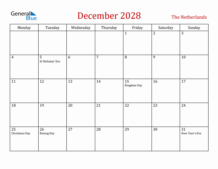 The Netherlands December 2028 Calendar - Monday Start