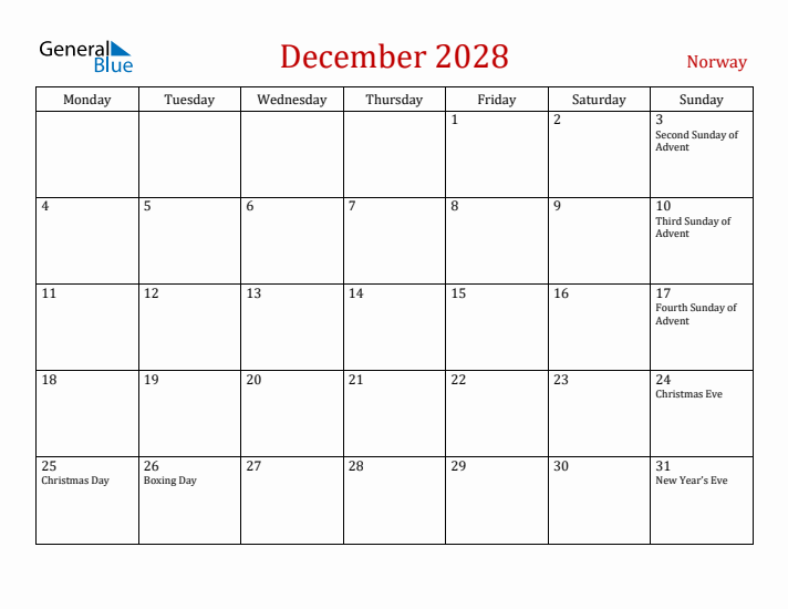 Norway December 2028 Calendar - Monday Start