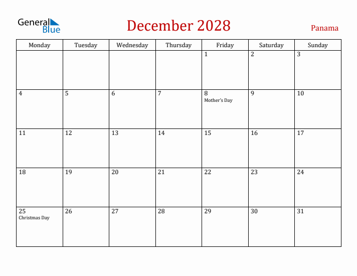 Panama December 2028 Calendar - Monday Start
