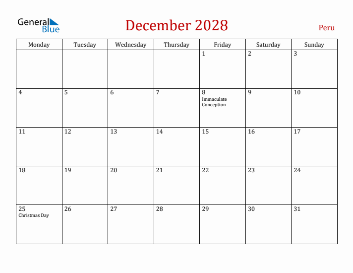Peru December 2028 Calendar - Monday Start