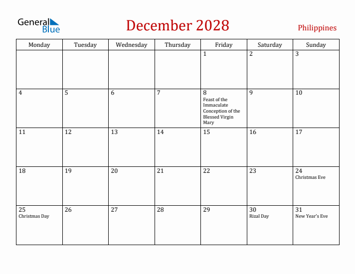 Philippines December 2028 Calendar - Monday Start