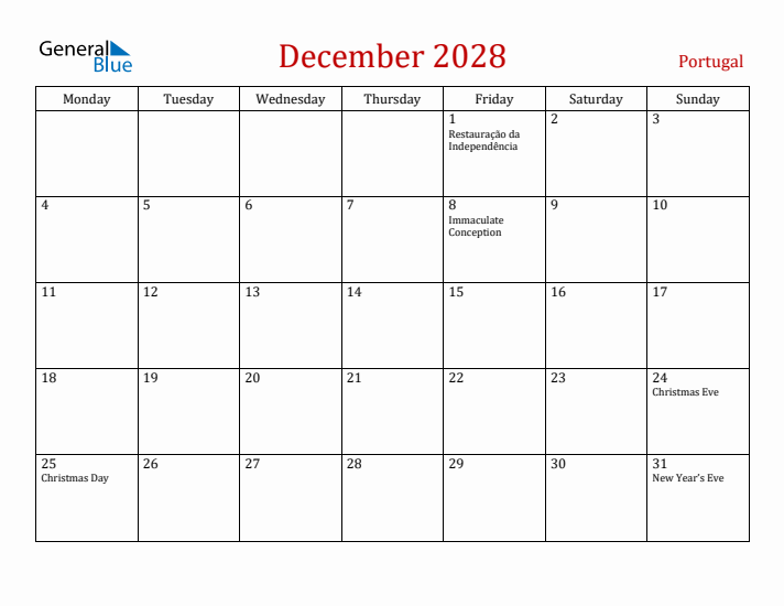 Portugal December 2028 Calendar - Monday Start