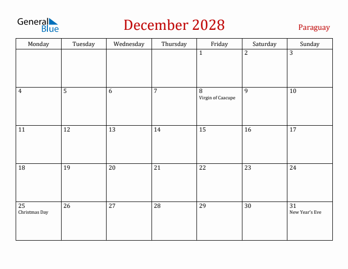 Paraguay December 2028 Calendar - Monday Start