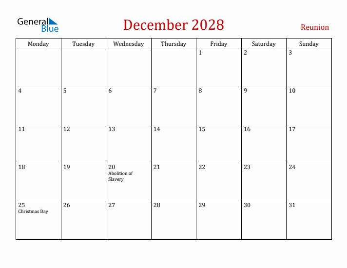 Reunion December 2028 Calendar - Monday Start