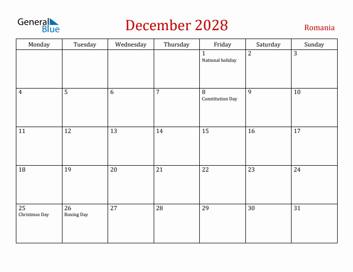 Romania December 2028 Calendar - Monday Start