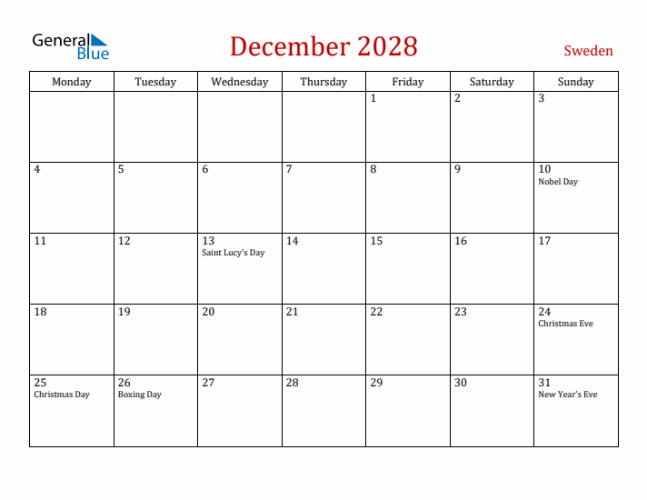Sweden December 2028 Calendar - Monday Start