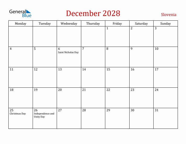 Slovenia December 2028 Calendar - Monday Start
