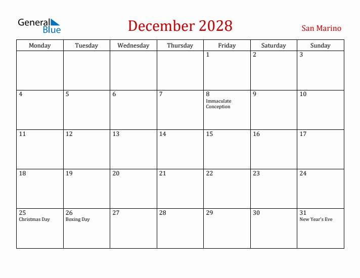 San Marino December 2028 Calendar - Monday Start