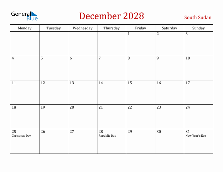 South Sudan December 2028 Calendar - Monday Start