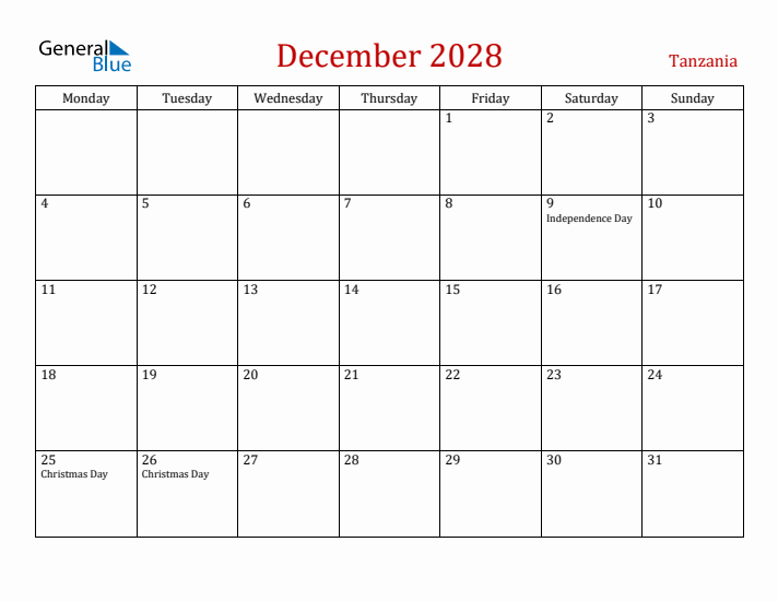 Tanzania December 2028 Calendar - Monday Start