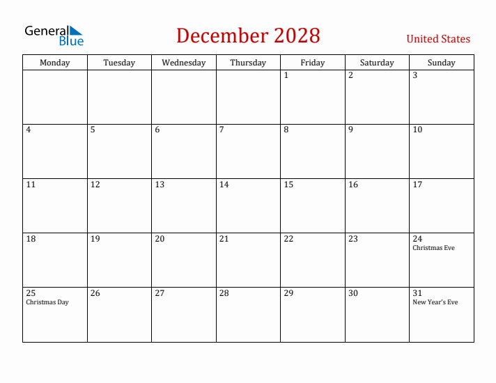United States December 2028 Calendar - Monday Start