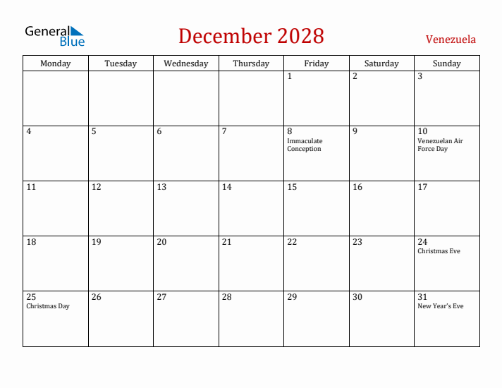 Venezuela December 2028 Calendar - Monday Start