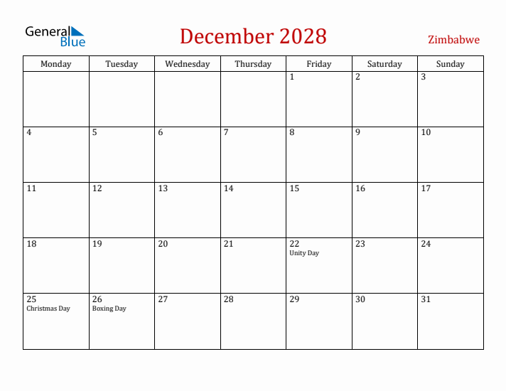 Zimbabwe December 2028 Calendar - Monday Start