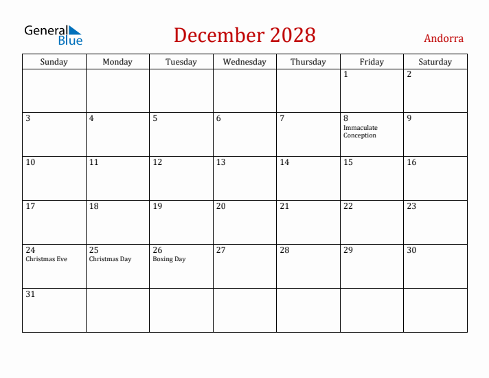 Andorra December 2028 Calendar - Sunday Start