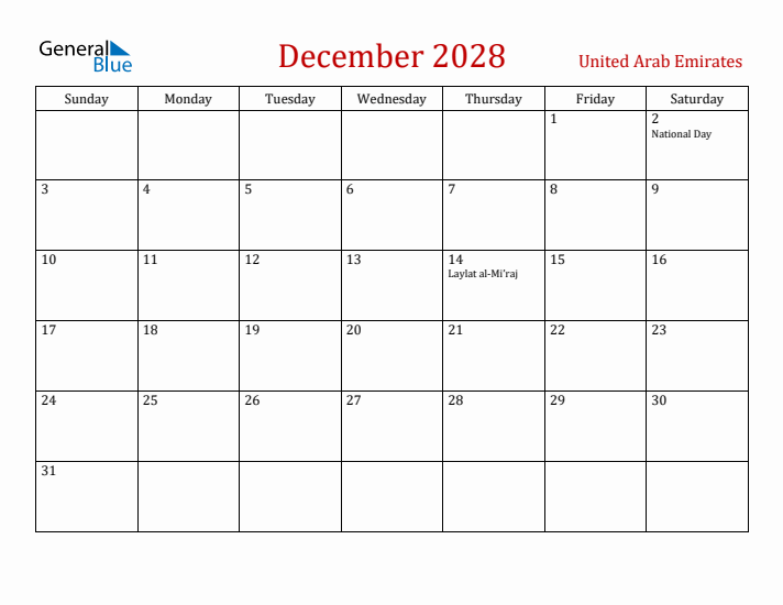 United Arab Emirates December 2028 Calendar - Sunday Start