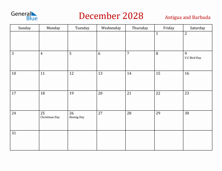 Antigua and Barbuda December 2028 Calendar - Sunday Start