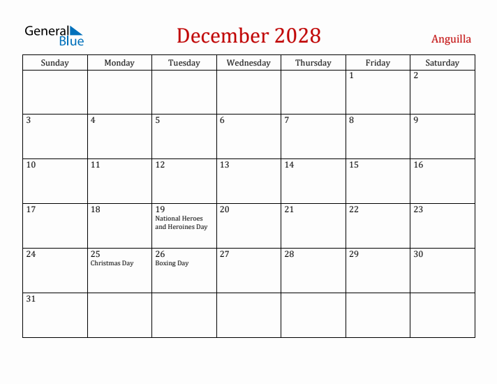 Anguilla December 2028 Calendar - Sunday Start