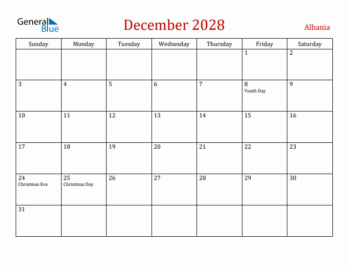 Albania December 2028 Calendar - Sunday Start