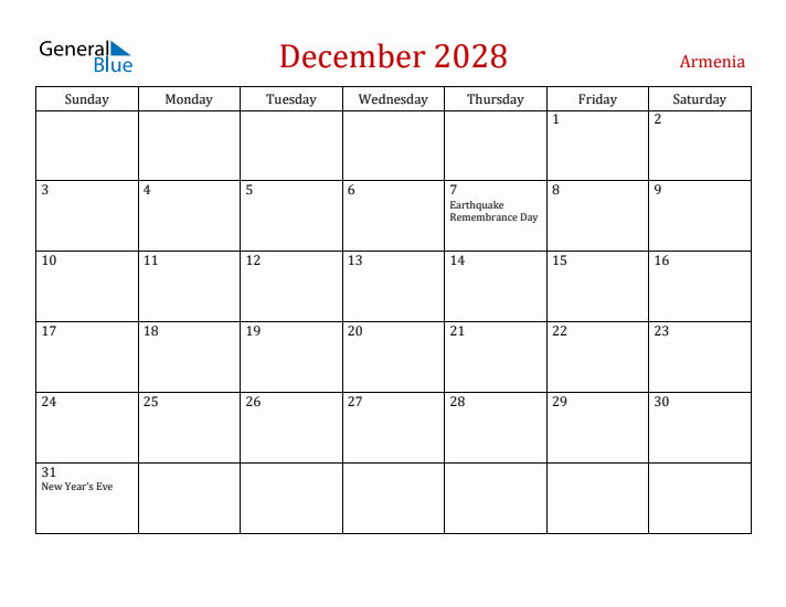Armenia December 2028 Calendar - Sunday Start