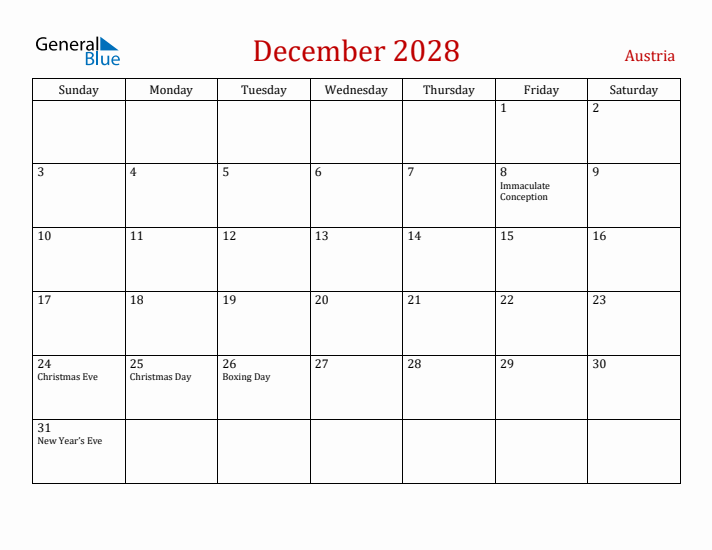 Austria December 2028 Calendar - Sunday Start