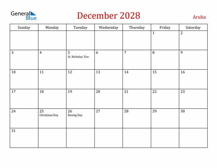 Aruba December 2028 Calendar - Sunday Start